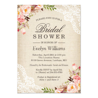 Rustic Pink Floral Ivory Burlap Lace Bridal Shower Card
