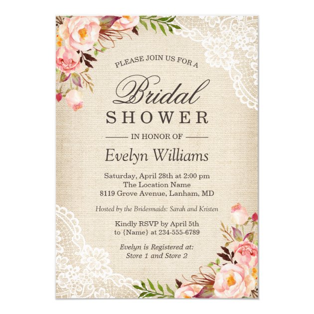 Rustic Pink Floral Ivory Burlap Lace Bridal Shower Invitation