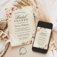 Rustic Pink Floral Ivory Burlap Lace Bridal Shower Invitation at Zazzle