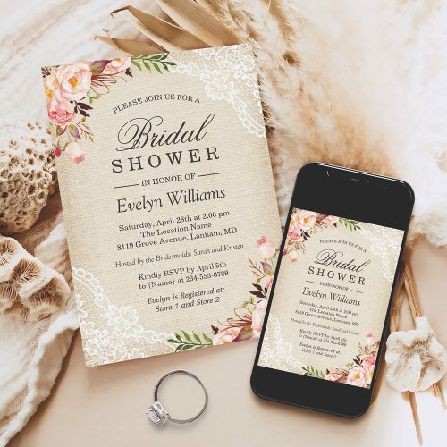 Rustic Pink Floral Ivory Burlap Lace Bridal Shower Invitation