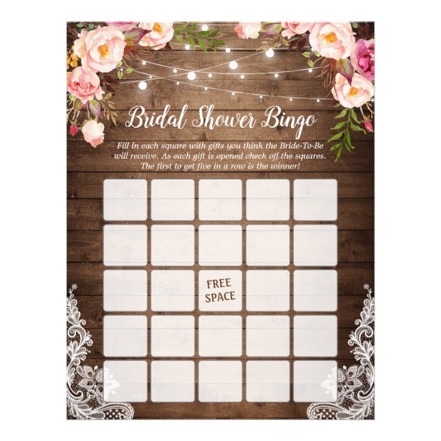 Rustic Pink Floral Lace Bridal Shower Bingo Game Flyer (Front)