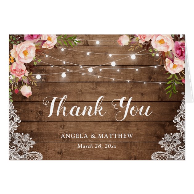 Rustic Pink Floral Lace String Lights Thank You Card