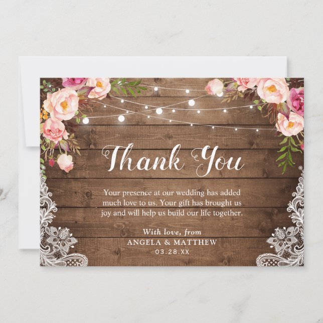 Rustic Pink Floral Lace String Lights Thank You Card (Front)