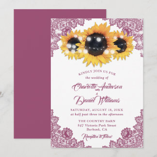 Rustic Pink Floral Lace Sunflower Wedding Invitation
