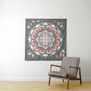 Rustic Pink Floral Mandala Tapestry
