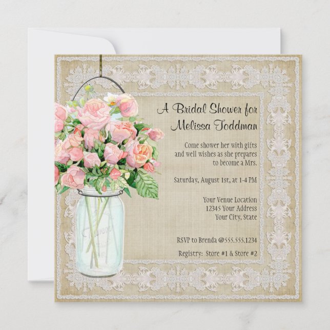 Rustic Pink Floral Mason Jar Roses Bridal Shower  Invitation (Front)