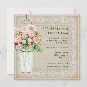 Rustic Pink Floral Mason Jar Roses Bridal Shower Invitation