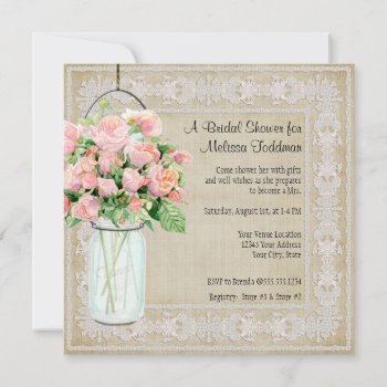 Rustic Pink Floral Mason Jar Roses Bridal Shower  Invitation by ModernStylePaperie at Zazzle