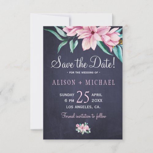 Rustic pink floral navy save the date wedding