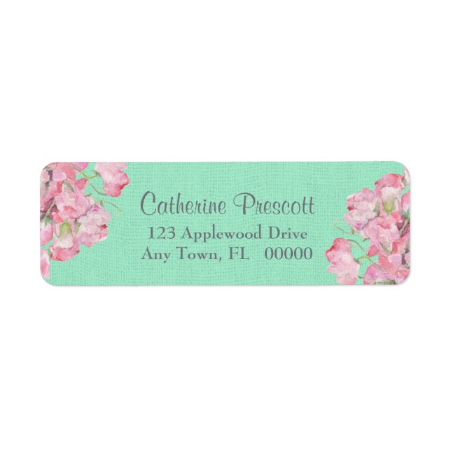 Rustic Pink Floral on Mint Green Burlap Label (Front)