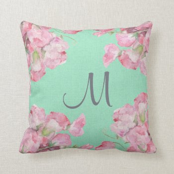 Rustic Pink Floral On Mint Green Burlap Monogram Throw Pillow by PandaCatGallery at Zazzle