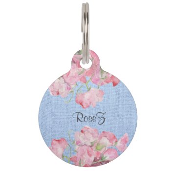 Rustic Pink Floral On Serenity Blue Burlap Pet Name Tag by PandaCatGallery at Zazzle