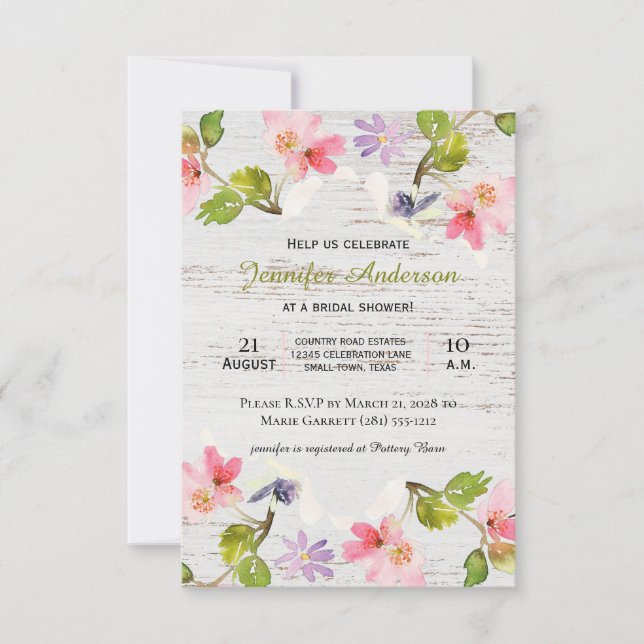 Rustic Pink Floral on White Wood Shower Invitation (Front)