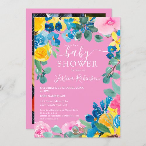 Rustic pink floral photo baby shower invitation