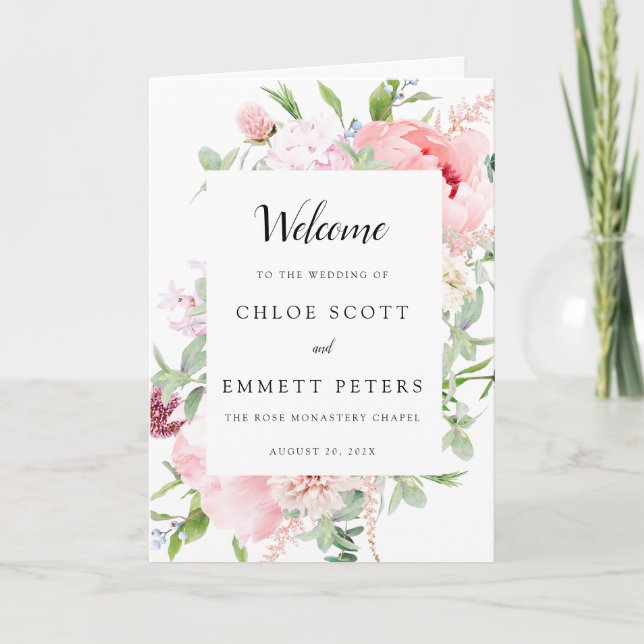 Rustic Pink Floral Photo Wedding Program (Front)