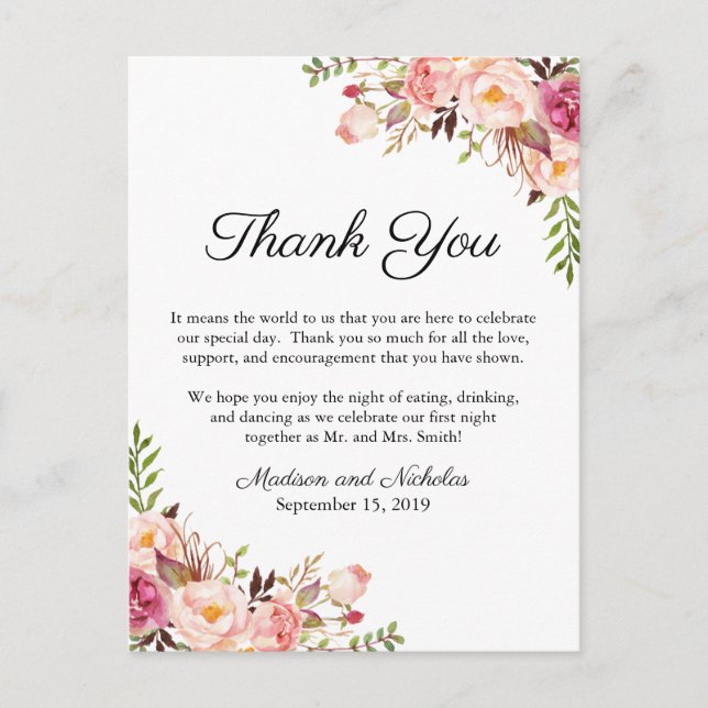 Rustic Pink Floral Place Setting Thank You Card (Front)