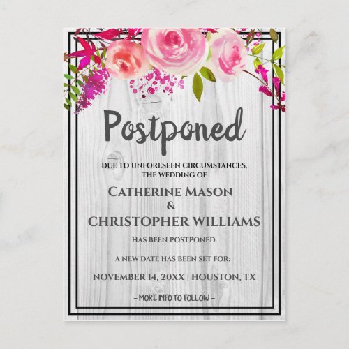 Rustic Pink Floral Postponed Wedding Announcement Postcard