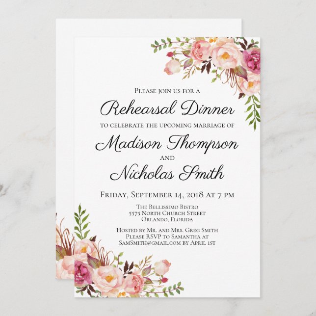 Rustic Pink Floral Rehearsal Dinner Invitations (Front/Back)