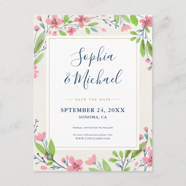 Rustic Pink Floral Save The Date Invitation Postcard (Front)