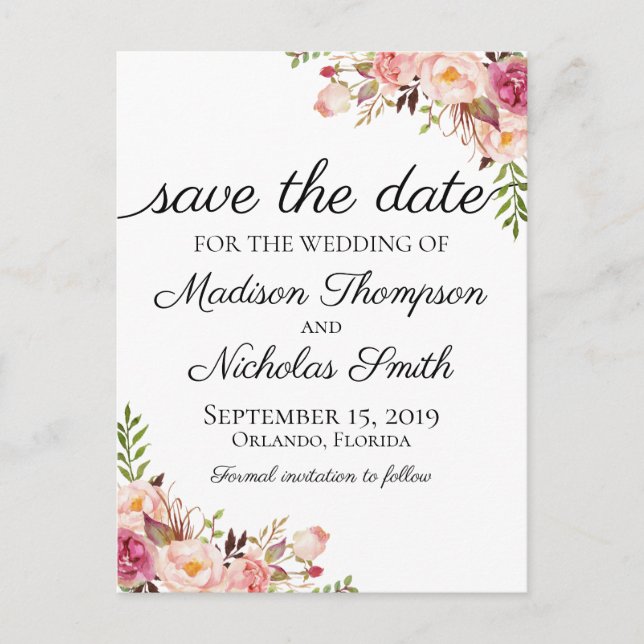 Rustic Pink Floral Save the Date Postcards (Front)