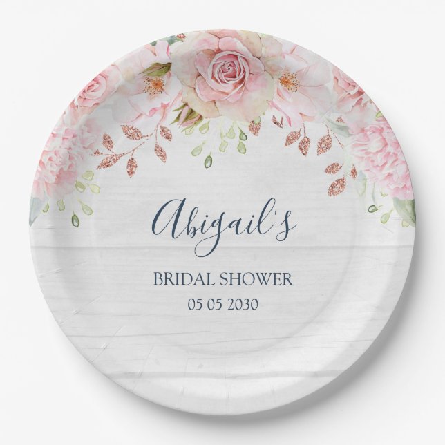 Rustic Pink Floral Spring Bridal Shower Paper Plates (Front)