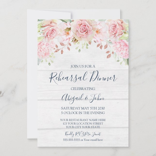 Rustic Pink Floral Spring Rehearsal Dinner Invitation (Front)