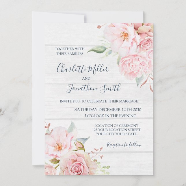 Rustic Pink Floral Spring Wedding Invitations (Front)