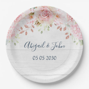 Rustic Pink Floral Spring Wedding Paper Plates