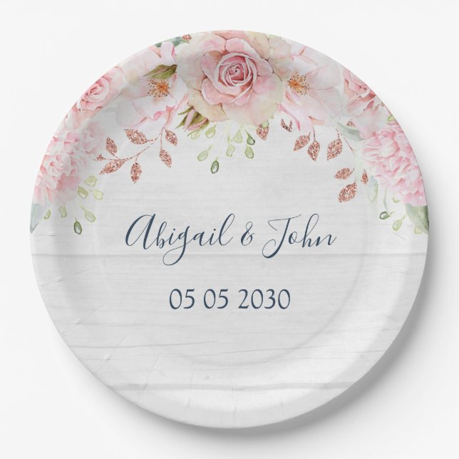 Rustic Pink Floral Spring Wedding Paper Plates (Front)
