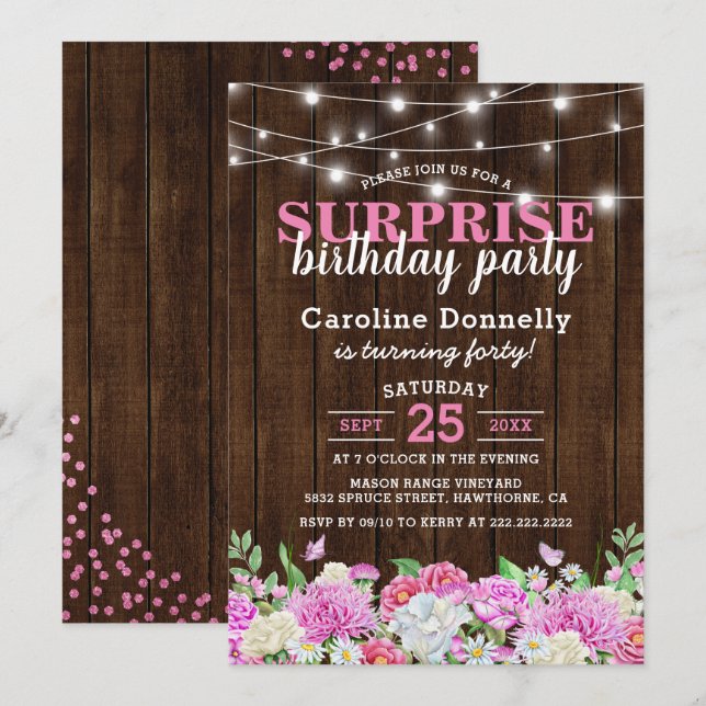 Rustic Pink Floral String Lights Birthday Party Invitation (Front/Back)