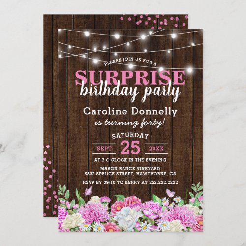 Rustic Pink Floral String Lights Birthday Party Invitation - Country chic birthday party invitations featuring a rustic wood background, backyard string lights, elegant pink and white garden watercolor flowers, pink glitter, and a birthday celebration template that is easy to personalize.