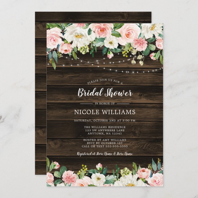 Rustic Pink Floral String Lights Bridal Shower Invitation (Front/Back)