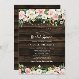 Rustic Pink Floral String Lights Bridal Shower Invitation