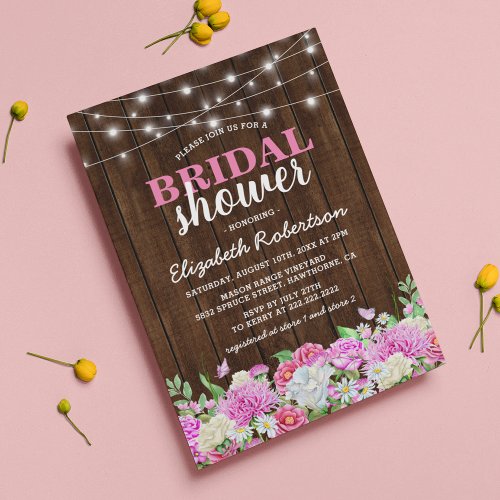 Rustic Pink Floral String Lights Bridal Shower Invitation