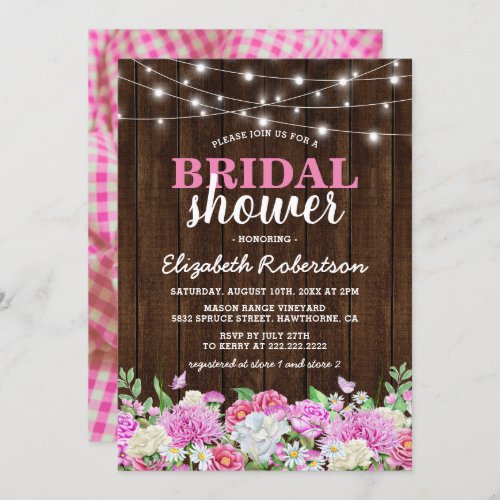 Rustic Pink Floral String Lights Bridal Shower Invitation - Country chic bridal shower invitations featuring a rustic wood background, backyard string lights, elegant pink and white garden watercolor flowers, and a bridal party template that is easy to personalize.