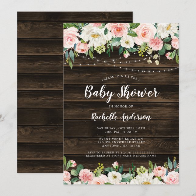 Rustic Pink Floral String Lights Girl Baby Shower Invitation (Front/Back)