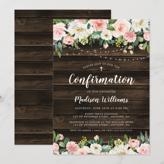 Rustic Pink Floral String Lights Girl Confirmation Invitation (Front/Back)