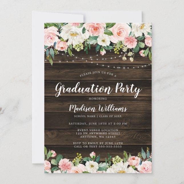 Rustic Pink Floral String Lights Graduation Party Invitation (Front)