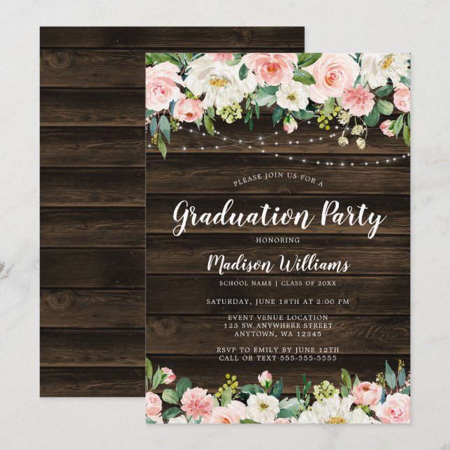 Rustic Pink Floral String Lights Graduation Party Invitation (Front/Back)