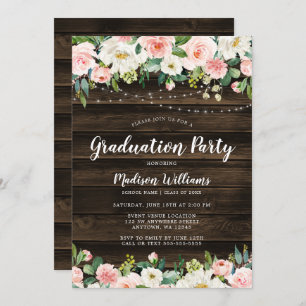Rustic Pink Floral String Lights Graduation Party Invitation