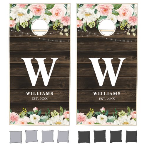 Rustic Pink Floral String Lights Personalized Cornhole Set