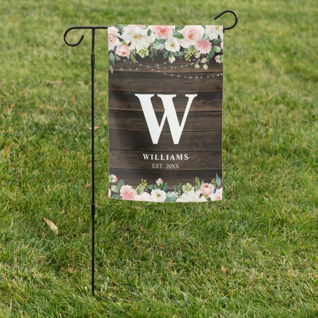 Rustic Pink Floral String Lights Personalized Garden Flag (In SItu)