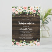 Rustic Pink Floral String Lights Quinceanera Invitation (Standing Front)