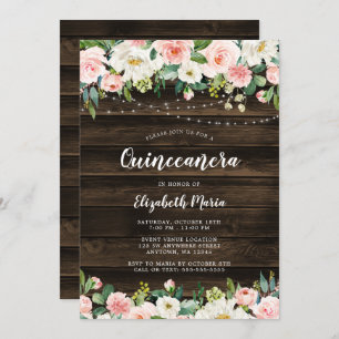 Rustic Pink Floral String Lights Quinceanera Invitation