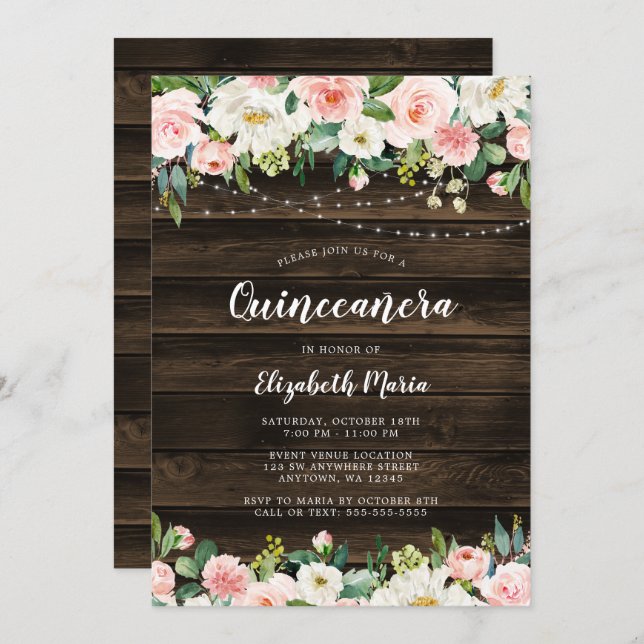 Rustic Pink Floral String Lights Quinceanera Invitation (Front/Back)