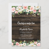 Rustic Pink Floral String Lights Quinceanera Invitation (Front)