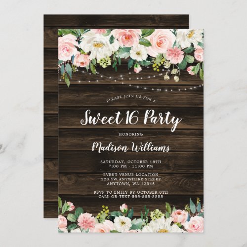 Rustic Pink Floral String Lights Sweet 16 Invitation