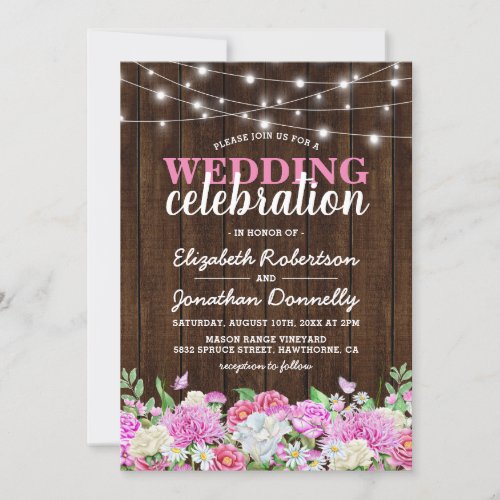 Rustic Pink Floral String Lights Wedding Invitation - Country chic wedding invitations featuring a rustic wood background, backyard string lights, elegant pink and white garden watercolor flowers, and a wedding celebration template that is easy to personalize.