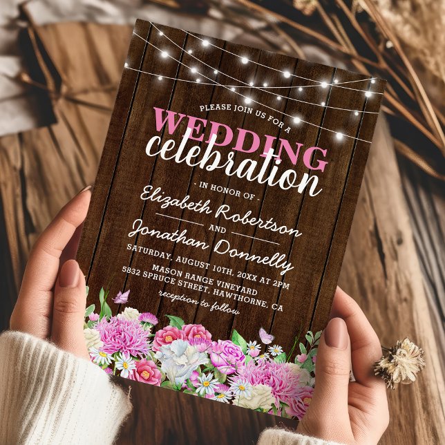 Rustic Pink Floral String Lights Wedding Invitation (Creator Uploaded)