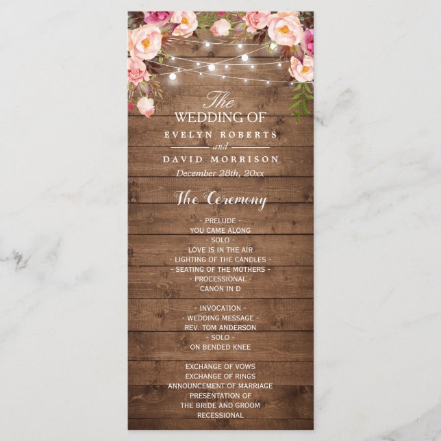 Rustic Pink Floral String Lights Wedding Program (Front)